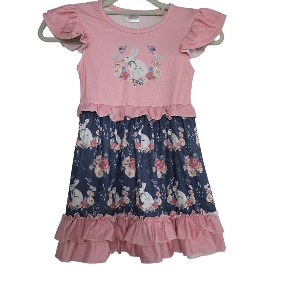 Girls Size 5 / 6 Pink Blue Easter Bunny Tiered Ruffle Dress